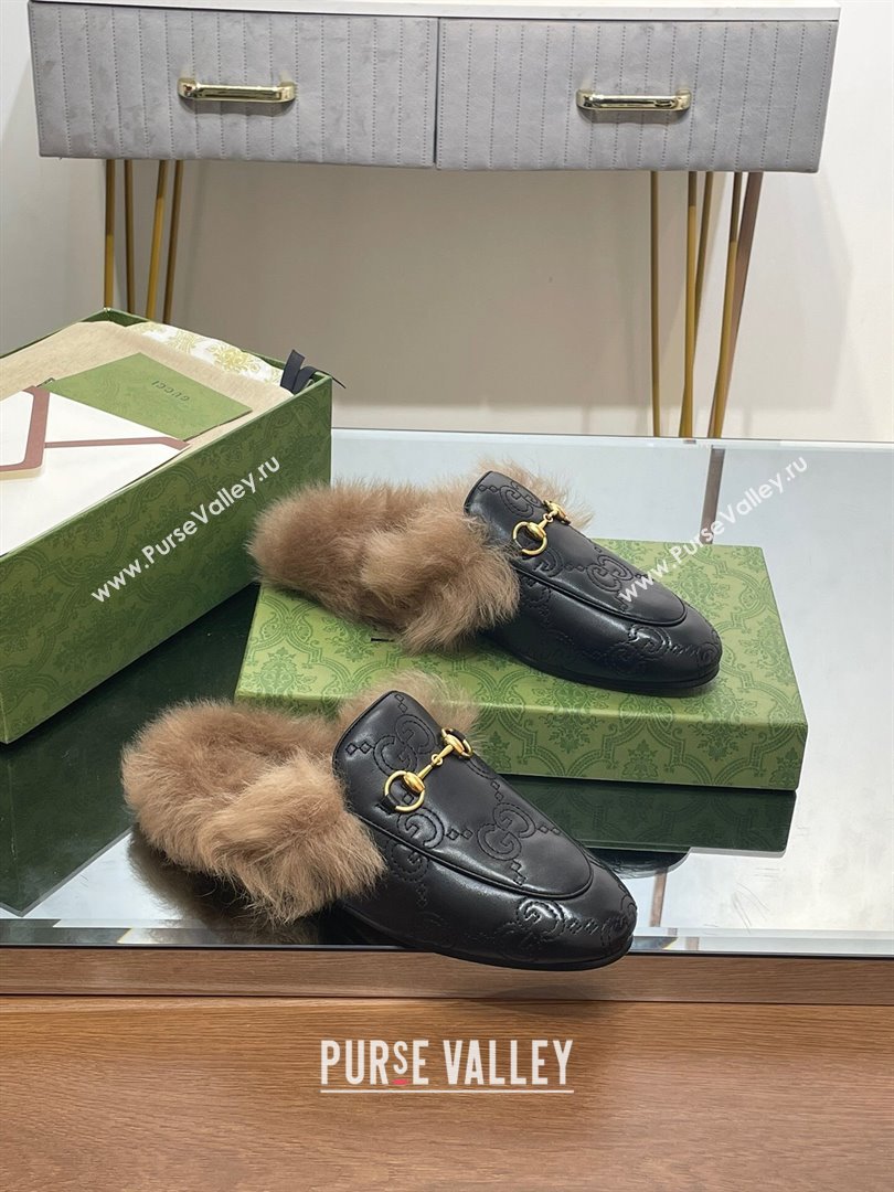 Gucci Wool Fur 2015 Re-Edition womens Princetown Slipper with Horsebit 397749 Leather GG Black 2023 (modeng-23103037)