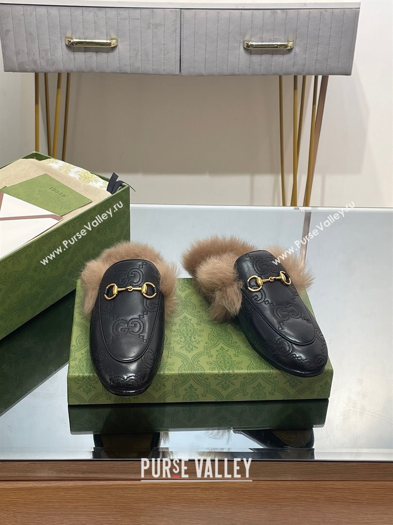 Gucci Wool Fur 2015 Re-Edition womens Princetown Slipper with Horsebit 397749 Leather GG Black 2023 (modeng-23103037)
