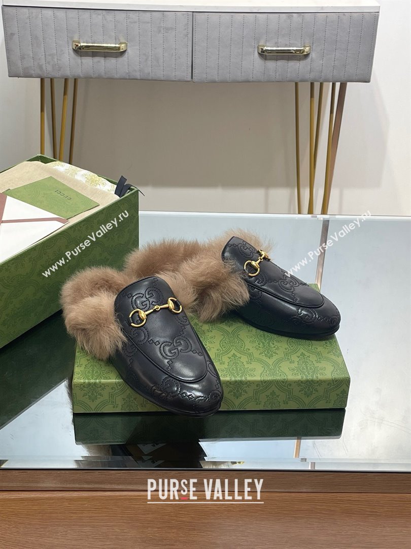 Gucci Wool Fur 2015 Re-Edition womens Princetown Slipper with Horsebit 397749 Leather GG Black 2023 (modeng-23103037)