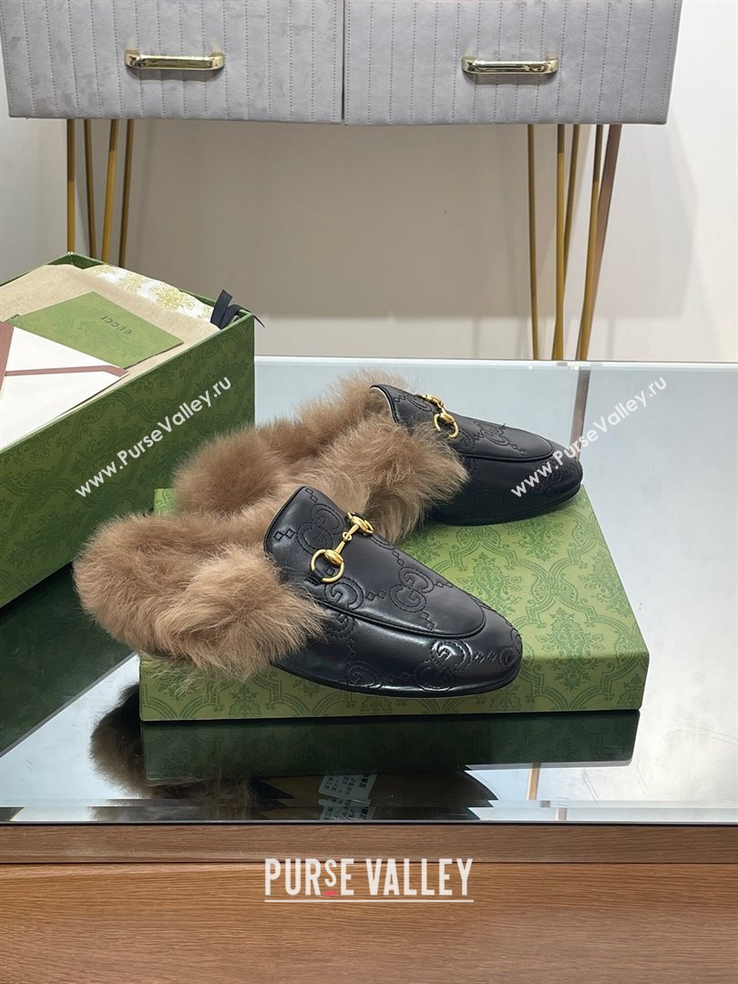 Gucci Wool Fur 2015 Re-Edition womens Princetown Slipper with Horsebit 397749 Leather GG Black 2023 (modeng-23103037)