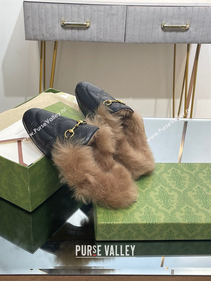 Gucci Wool Fur 2015 Re-Edition womens Princetown Slipper with Horsebit 397749 Leather GG Black 2023 (modeng-23103037)