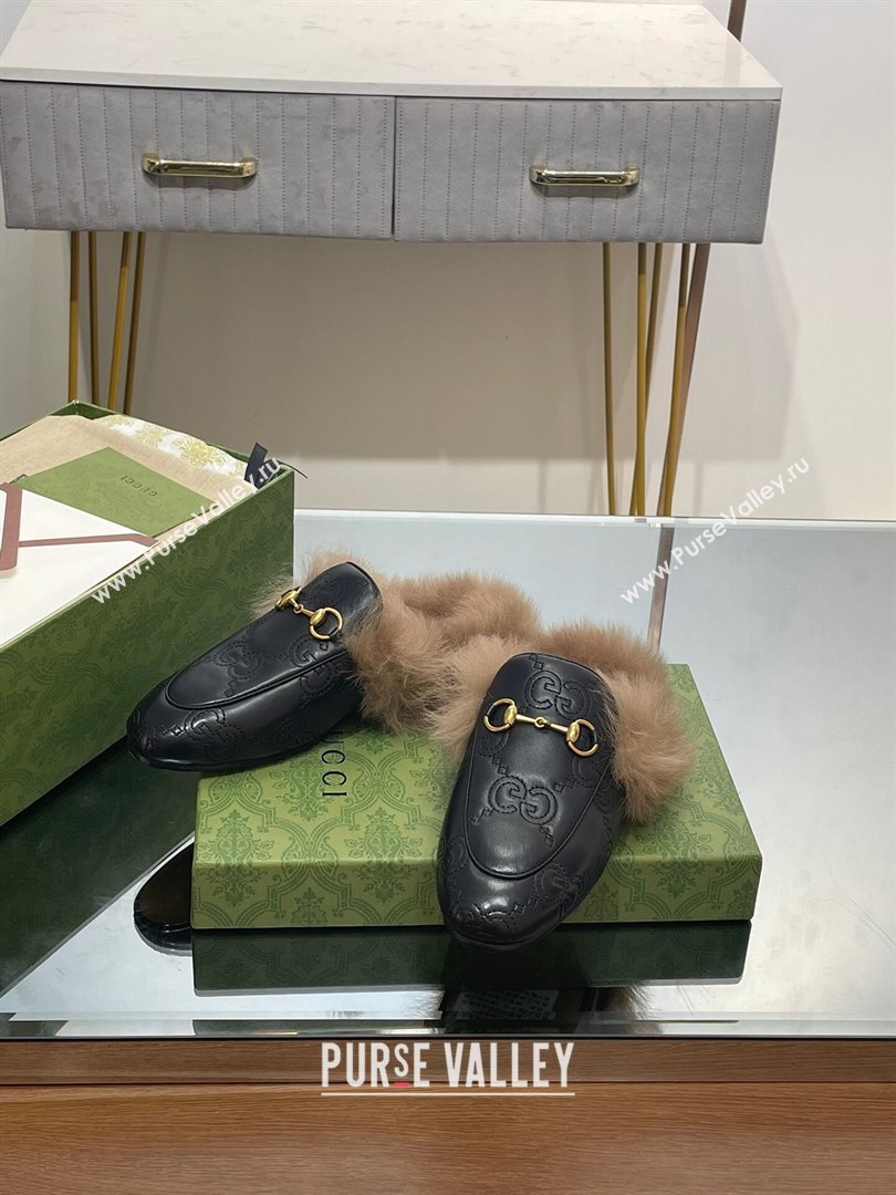 Gucci Wool Fur 2015 Re-Edition womens Princetown Slipper with Horsebit 397749 Leather GG Black 2023 (modeng-23103037)