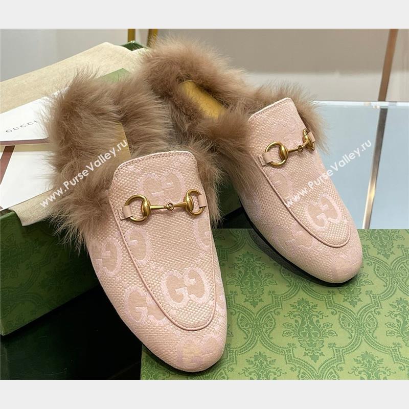 Gucci Wool Fur 2015 Re-Edition womens Princetown Slipper with Horsebit 397749 Jumbo GG Canvas Light Pink 2023 (modeng-23103055)