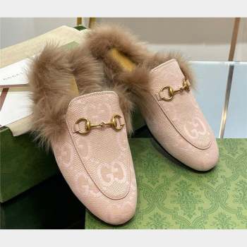 Gucci Wool Fur 2015 Re-Edition womens Princetown Slipper with Horsebit 397749 Jumbo GG Canvas Light Pink 2023 (modeng-23103055)