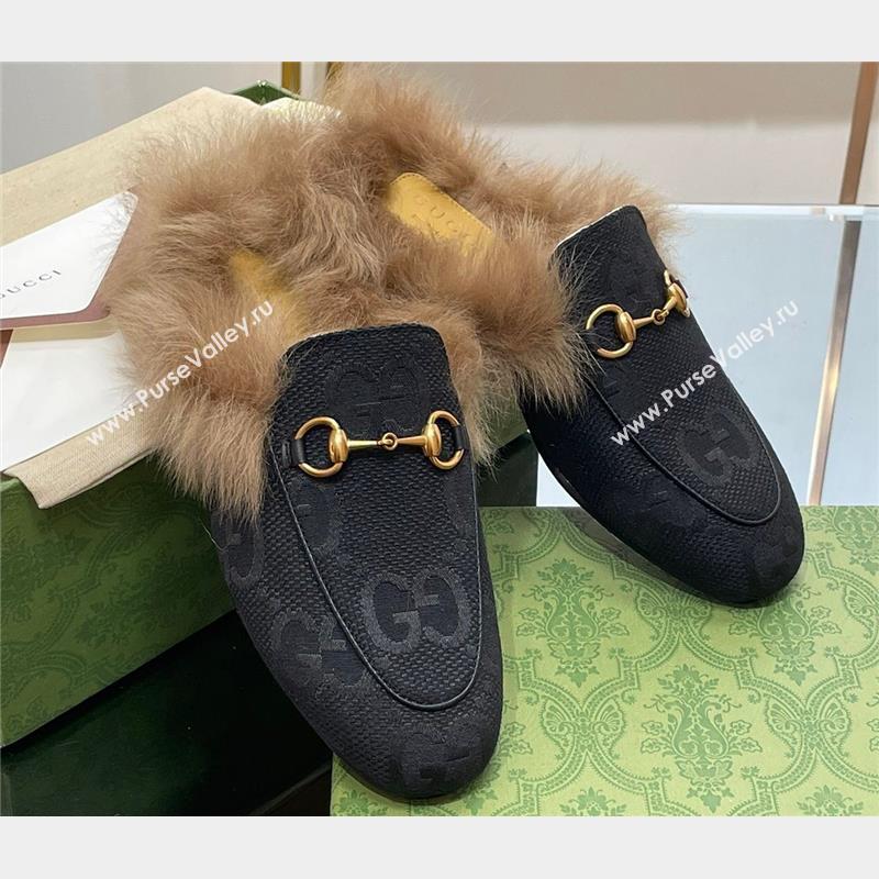 Gucci Wool Fur 2015 Re-Edition womens Princetown Slipper with Horsebit 397749 Jumbo GG Canvas Black 2023 (modeng-23103053)