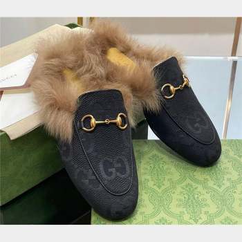Gucci Wool Fur 2015 Re-Edition womens Princetown Slipper with Horsebit 397749 Jumbo GG Canvas Black 2023 (modeng-23103053)