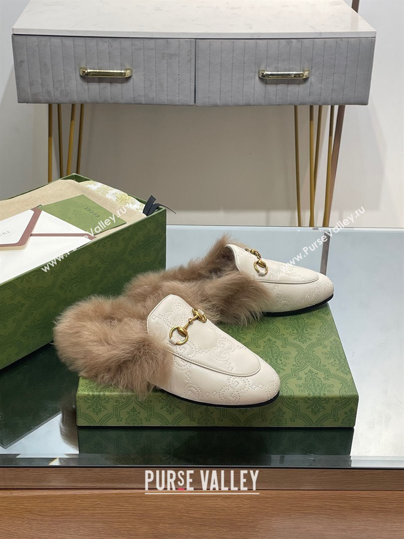 Gucci Wool Fur 2015 Re-Edition womens Princetown Slipper with Horsebit 397749 Leather GG White 2023 (modeng-23103038)