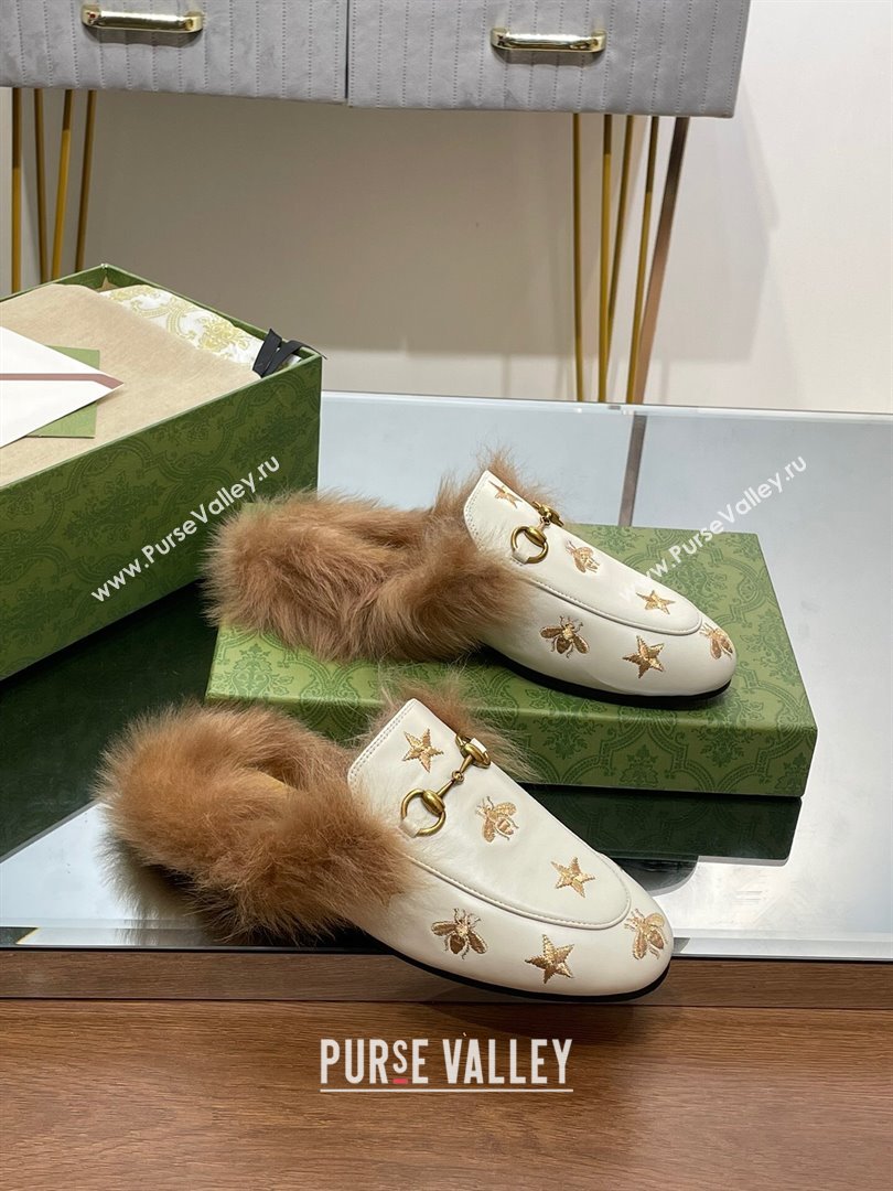 Gucci Wool Fur 2015 Re-Edition womens Princetown Slipper with Horsebit 397749 Leather Gold Bee and Star White 2023 (modeng-23103