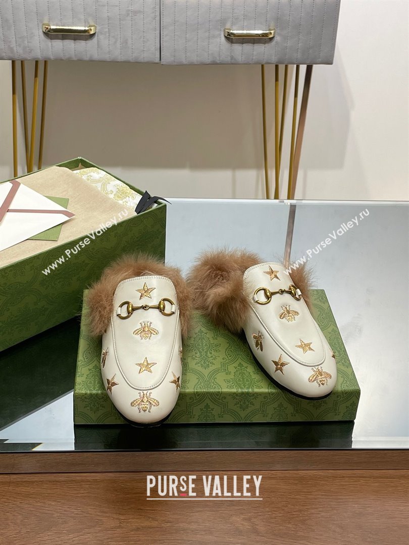 Gucci Wool Fur 2015 Re-Edition womens Princetown Slipper with Horsebit 397749 Leather Gold Bee and Star White 2023 (modeng-23103