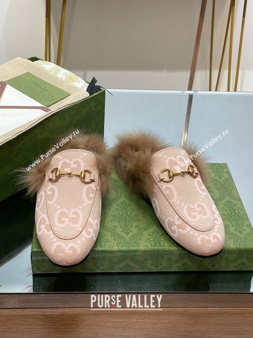 Gucci Wool Fur 2015 Re-Edition womens Princetown Slipper with Horsebit 397749 Jumbo GG Canvas Light Pink 2023 (modeng-23103055)