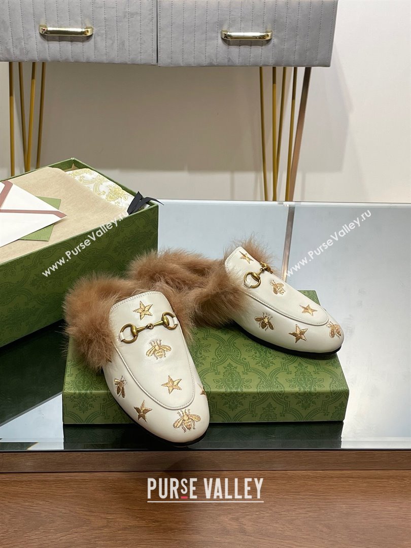 Gucci Wool Fur 2015 Re-Edition womens Princetown Slipper with Horsebit 397749 Leather Gold Bee and Star White 2023 (modeng-23103