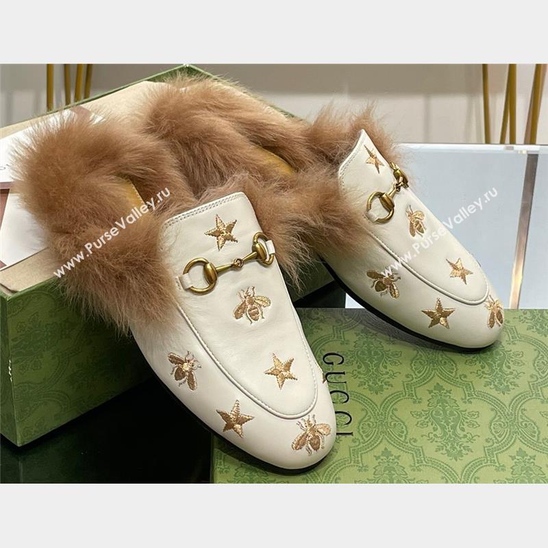 Gucci Wool Fur 2015 Re-Edition womens Princetown Slipper with Horsebit 397749 Leather Gold Bee and Star White 2023 (modeng-23103