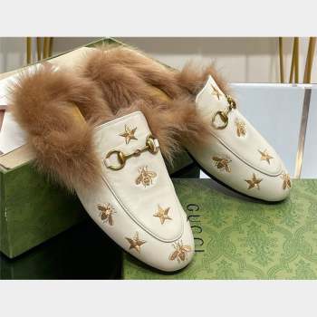 Gucci Wool Fur 2015 Re-Edition womens Princetown Slipper with Horsebit 397749 Leather Gold Bee and Star White 2023 (modeng-23103
