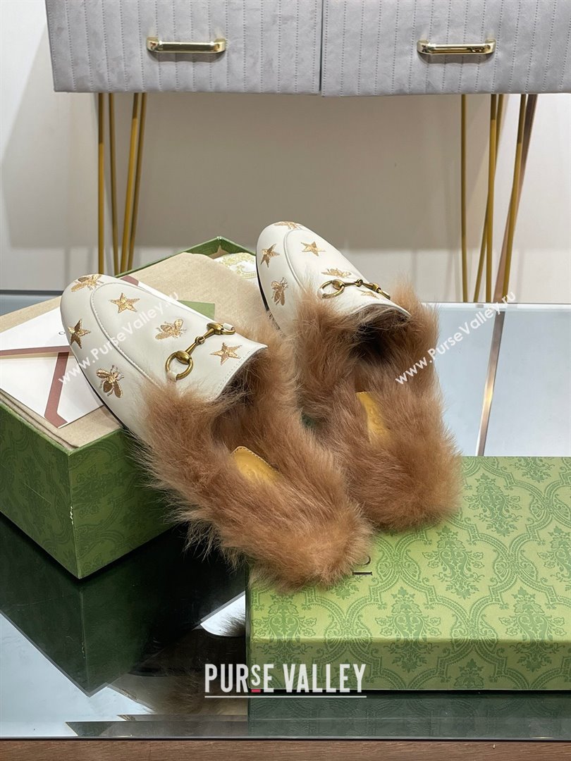 Gucci Wool Fur 2015 Re-Edition womens Princetown Slipper with Horsebit 397749 Leather Gold Bee and Star White 2023 (modeng-23103