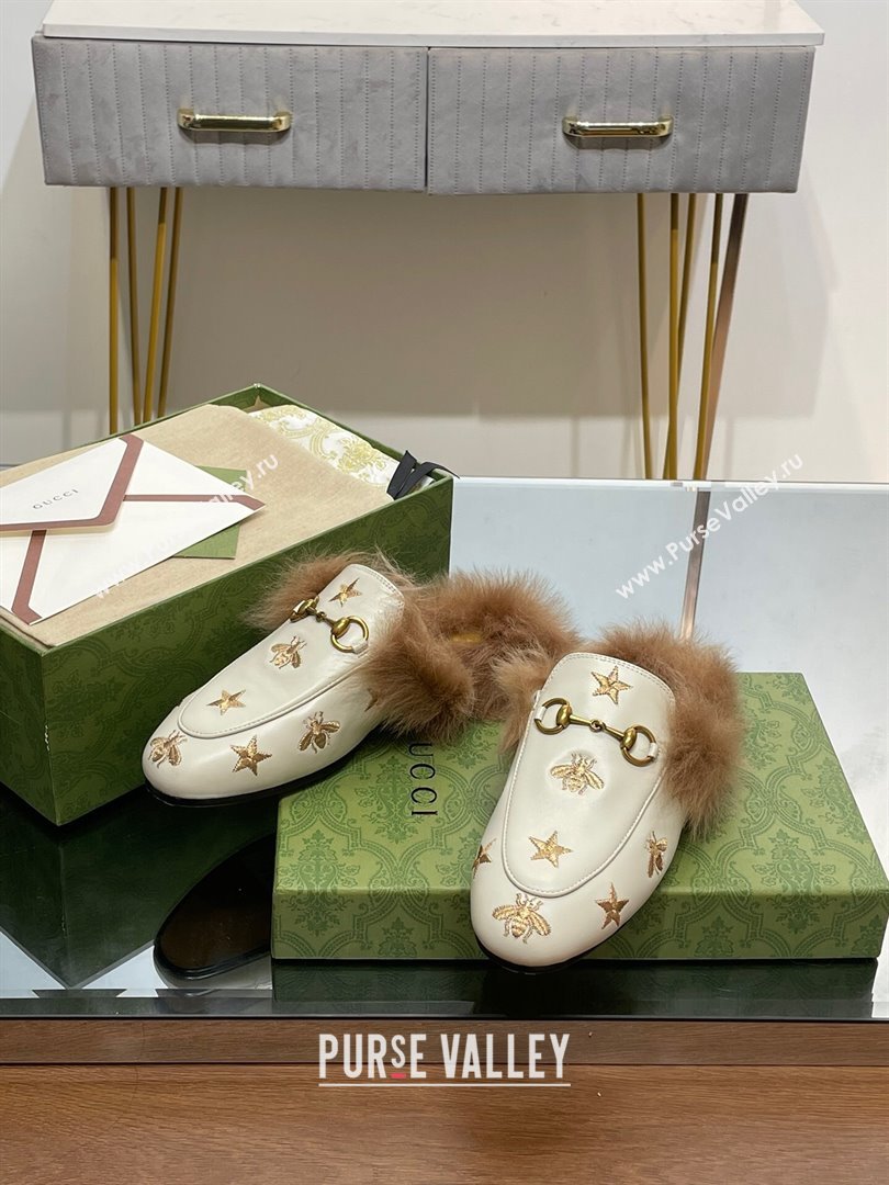 Gucci Wool Fur 2015 Re-Edition womens Princetown Slipper with Horsebit 397749 Leather Gold Bee and Star White 2023 (modeng-23103