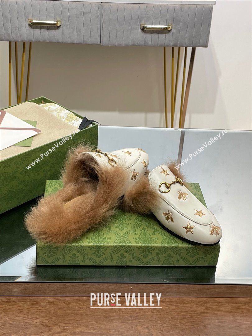 Gucci Wool Fur 2015 Re-Edition womens Princetown Slipper with Horsebit 397749 Leather Gold Bee and Star White 2023 (modeng-23103