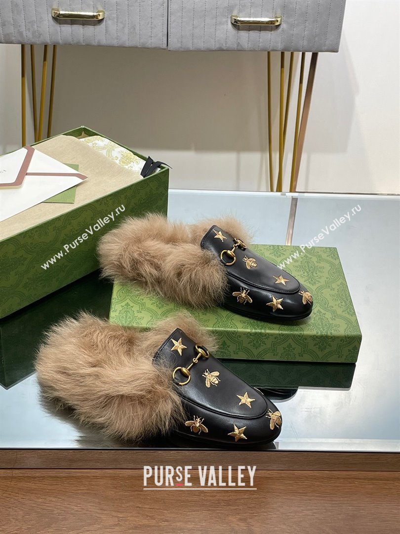 Gucci Wool Fur 2015 Re-Edition womens Princetown Slipper with Horsebit 397749 ,Leather Gold Bee and Star Black 2023 (modeng-2310