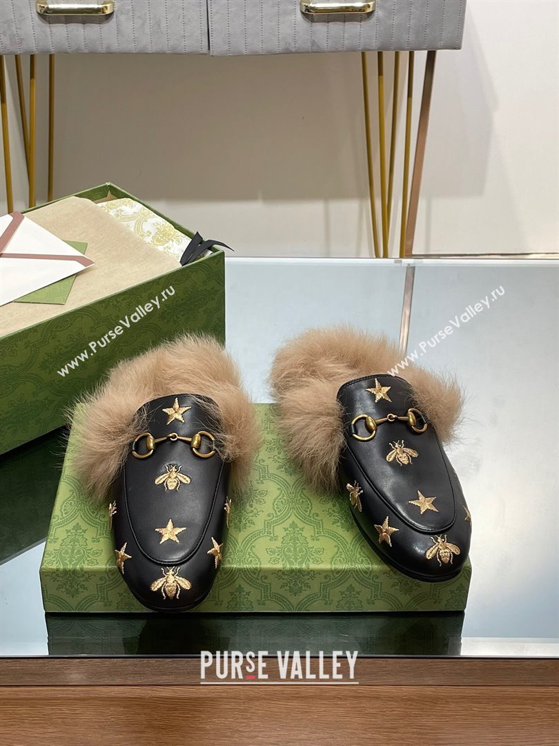 Gucci Wool Fur 2015 Re-Edition womens Princetown Slipper with Horsebit 397749 ,Leather Gold Bee and Star Black 2023 (modeng-2310