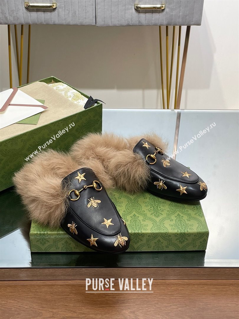 Gucci Wool Fur 2015 Re-Edition womens Princetown Slipper with Horsebit 397749 ,Leather Gold Bee and Star Black 2023 (modeng-2310