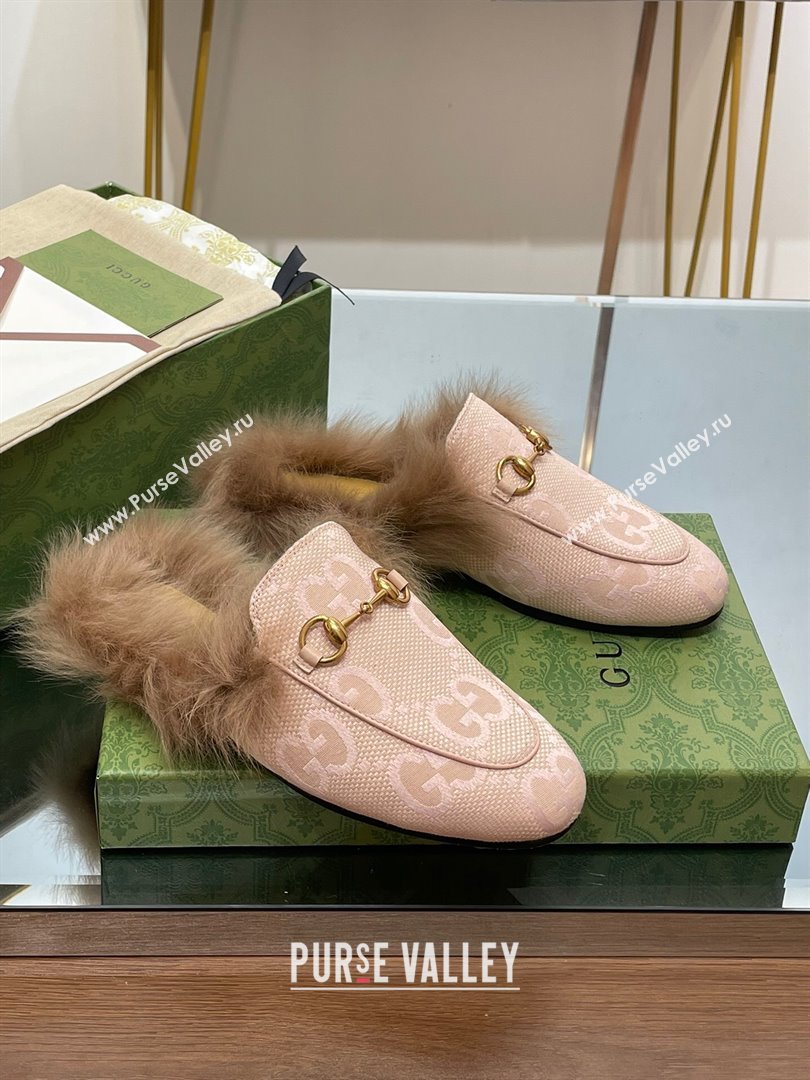 Gucci Wool Fur 2015 Re-Edition womens Princetown Slipper with Horsebit 397749 Jumbo GG Canvas Light Pink 2023 (modeng-23103055)