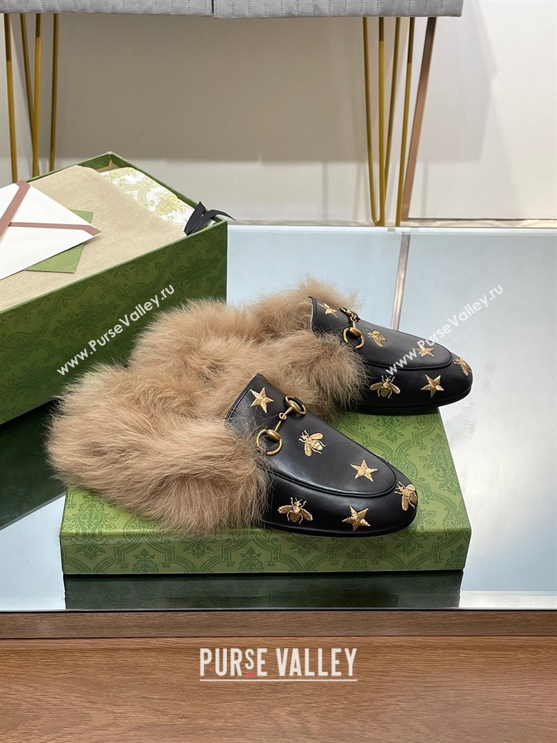 Gucci Wool Fur 2015 Re-Edition womens Princetown Slipper with Horsebit 397749 ,Leather Gold Bee and Star Black 2023 (modeng-2310