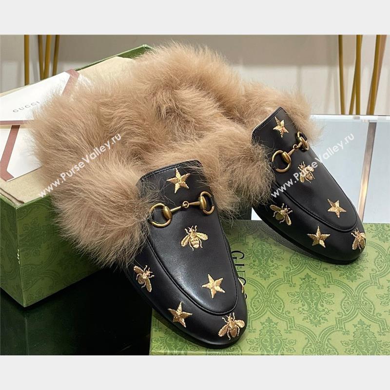 Gucci Wool Fur 2015 Re-Edition womens Princetown Slipper with Horsebit 397749 ,Leather Gold Bee and Star Black 2023 (modeng-2310