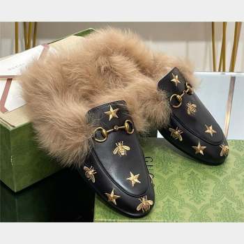 Gucci Wool Fur 2015 Re-Edition womens Princetown Slipper with Horsebit 397749 ,Leather Gold Bee and Star Black 2023 (modeng-2310