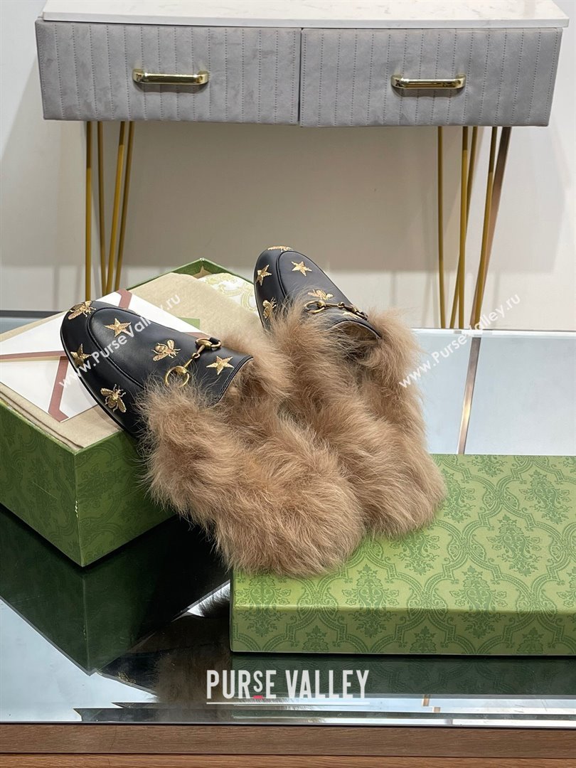 Gucci Wool Fur 2015 Re-Edition womens Princetown Slipper with Horsebit 397749 ,Leather Gold Bee and Star Black 2023 (modeng-2310
