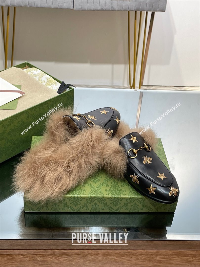 Gucci Wool Fur 2015 Re-Edition womens Princetown Slipper with Horsebit 397749 ,Leather Gold Bee and Star Black 2023 (modeng-2310