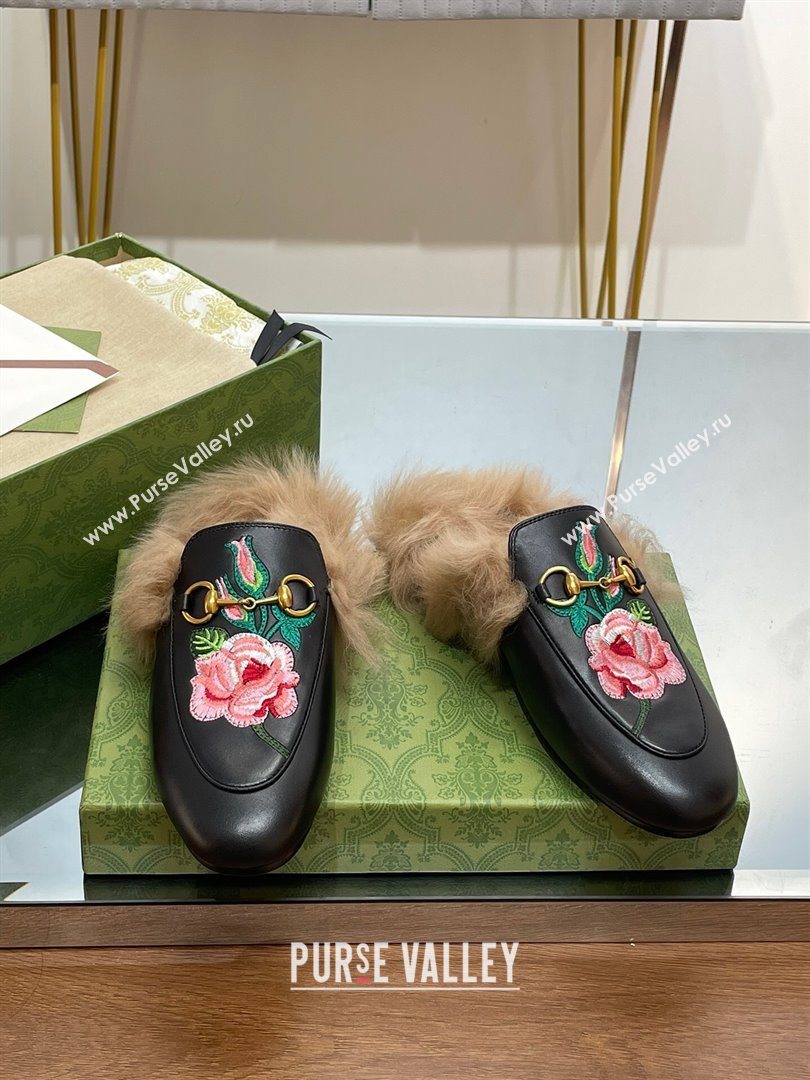 Gucci Wool Fur 2015 Re-Edition womens Princetown Slipper with Horsebit 397749 Leather Flower Black 2023 (modeng-23103041)