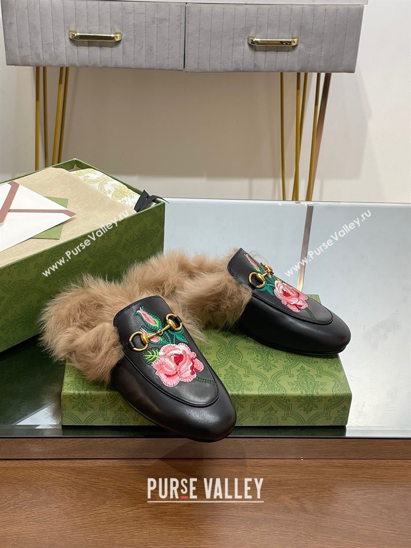 Gucci Wool Fur 2015 Re-Edition womens Princetown Slipper with Horsebit 397749 Leather Flower Black 2023 (modeng-23103041)