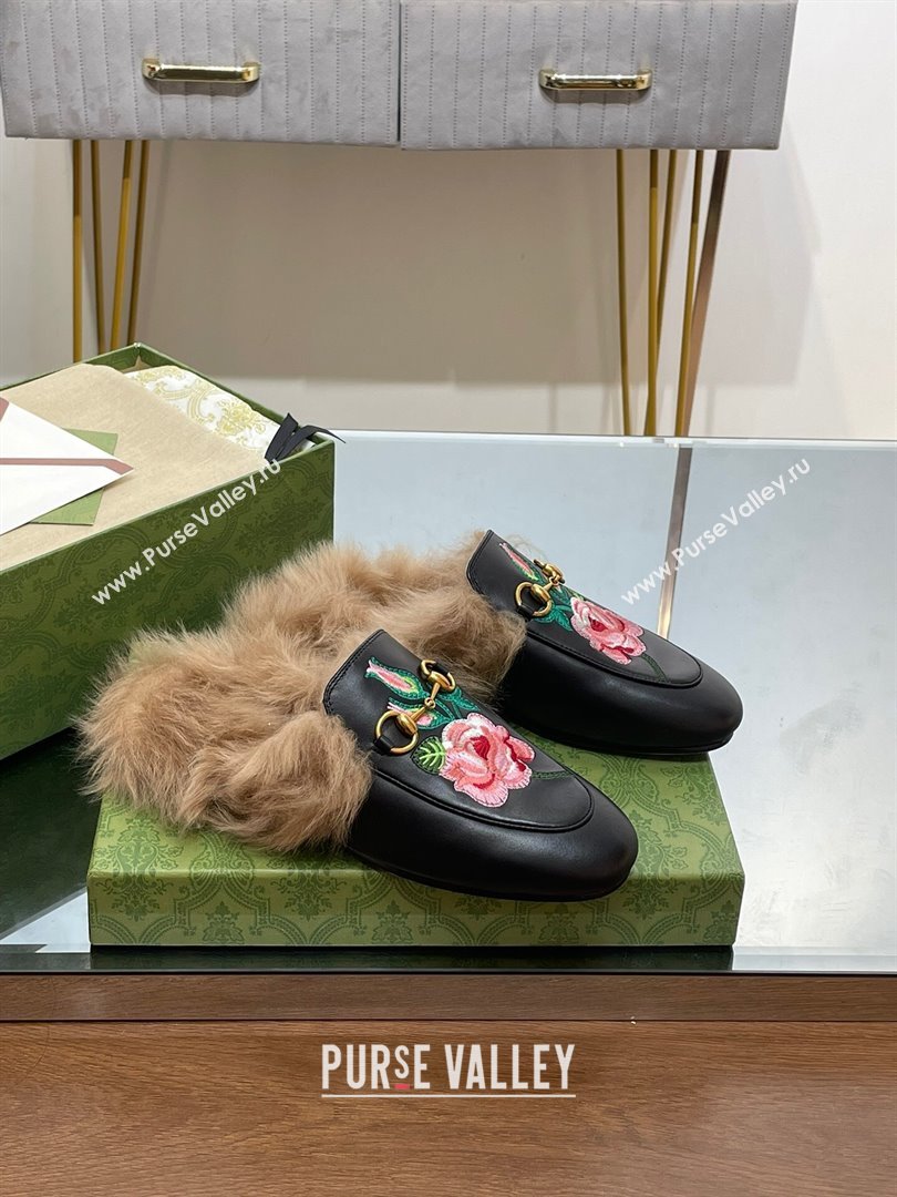 Gucci Wool Fur 2015 Re-Edition womens Princetown Slipper with Horsebit 397749 Leather Flower Black 2023 (modeng-23103041)