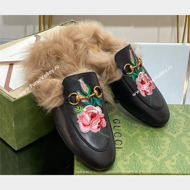 Gucci Wool Fur 2015 Re-Edition womens Princetown Slipper with Horsebit 397749 Leather Flower Black 2023 (modeng-23103041)