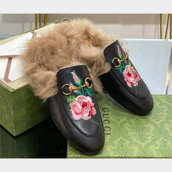 Gucci Wool Fur 2015 Re-Edition womens Princetown Slipper with Horsebit 397749 Leather Flower Black 2023 (modeng-23103041)