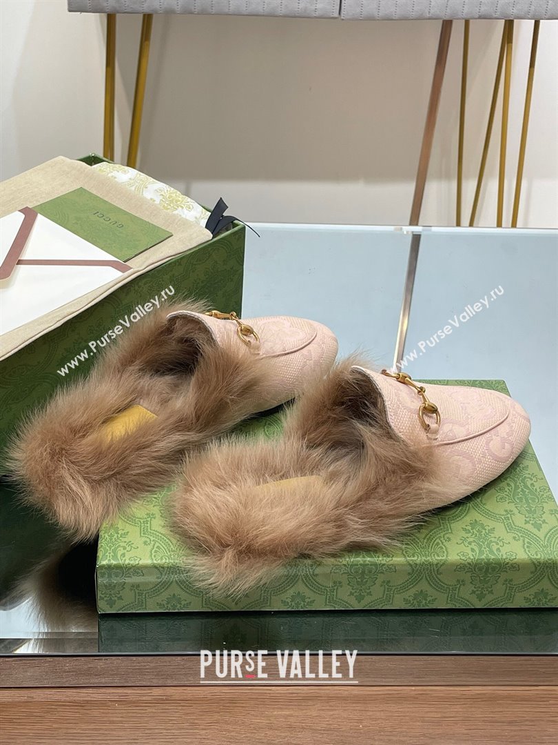 Gucci Wool Fur 2015 Re-Edition womens Princetown Slipper with Horsebit 397749 Jumbo GG Canvas Light Pink 2023 (modeng-23103055)