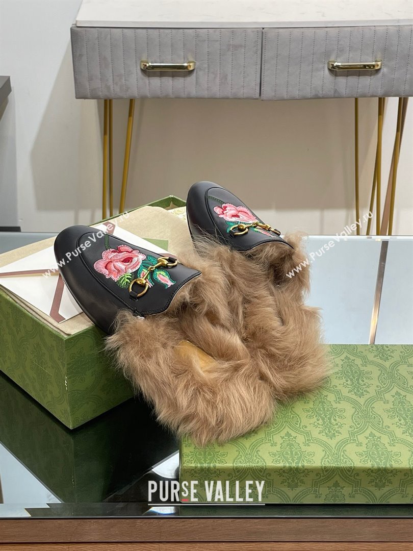 Gucci Wool Fur 2015 Re-Edition womens Princetown Slipper with Horsebit 397749 Leather Flower Black 2023 (modeng-23103041)