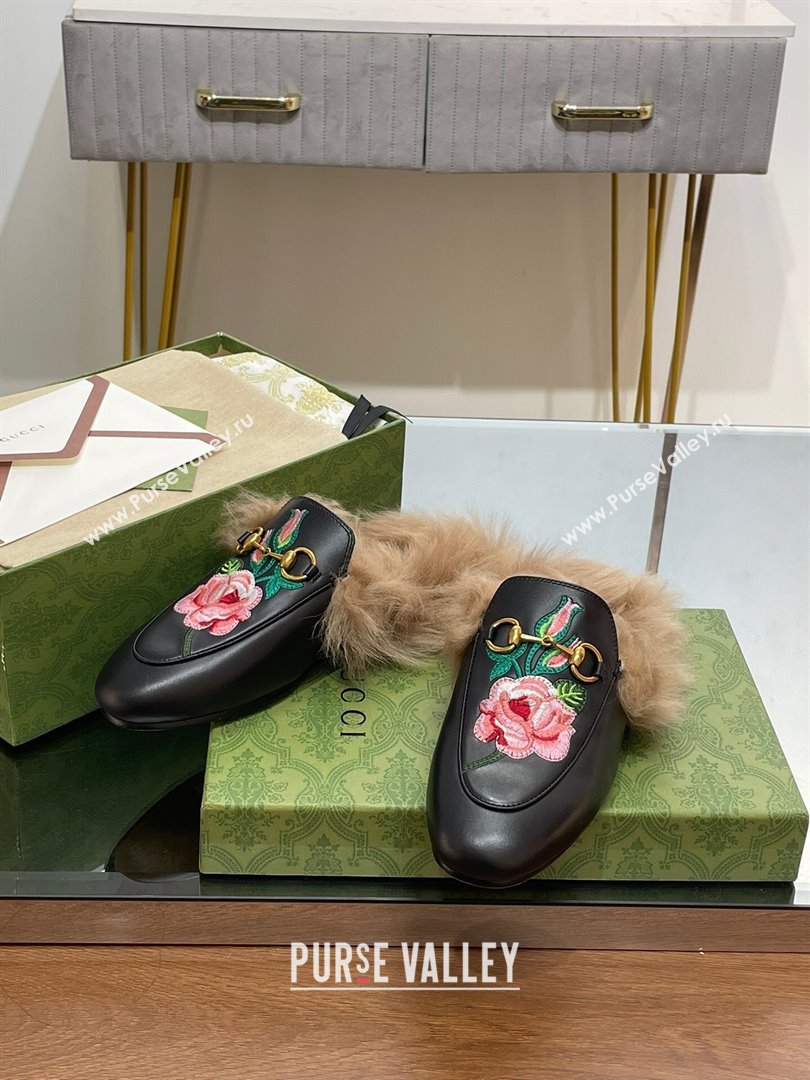 Gucci Wool Fur 2015 Re-Edition womens Princetown Slipper with Horsebit 397749 Leather Flower Black 2023 (modeng-23103041)