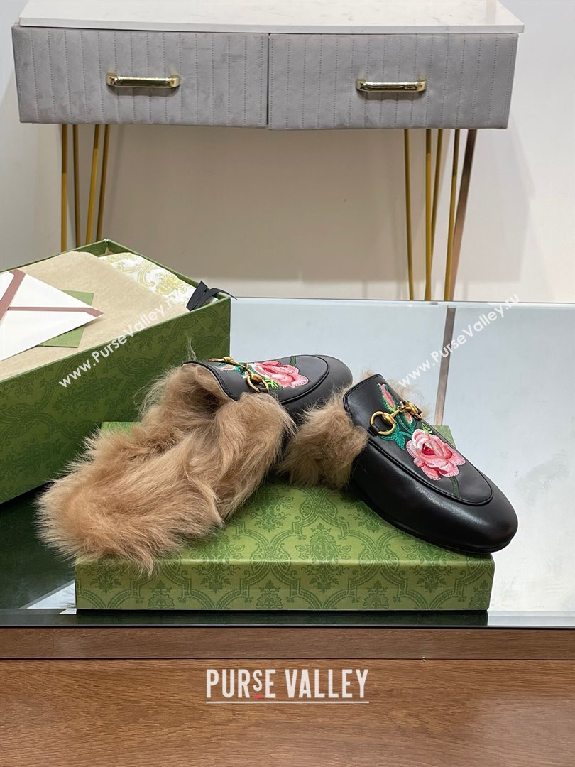 Gucci Wool Fur 2015 Re-Edition womens Princetown Slipper with Horsebit 397749 Leather Flower Black 2023 (modeng-23103041)