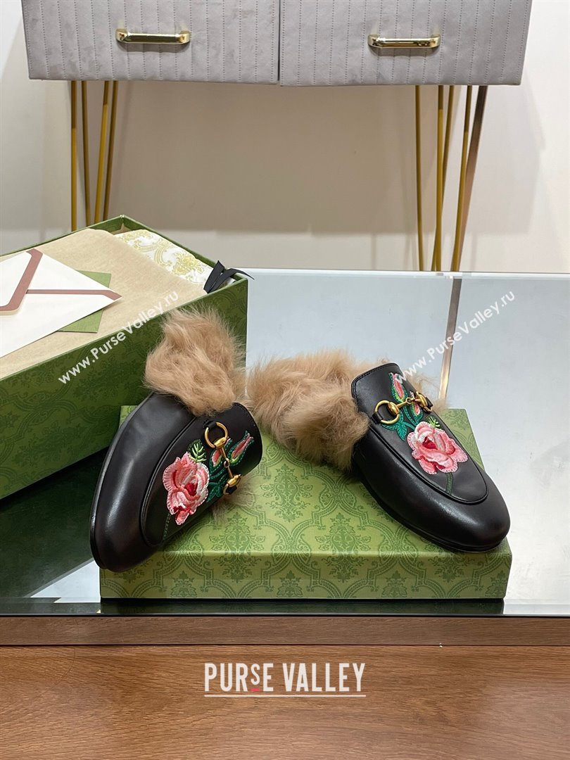 Gucci Wool Fur 2015 Re-Edition womens Princetown Slipper with Horsebit 397749 Leather Flower Black 2023 (modeng-23103041)