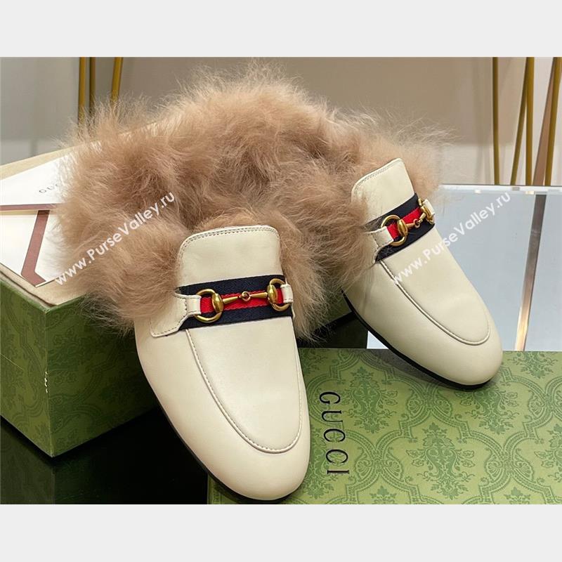 Gucci Wool Fur 2015 Re-Edition womens Princetown Slipper with Horsebit 397749 Leather Web White 2023 (modeng-23103043)