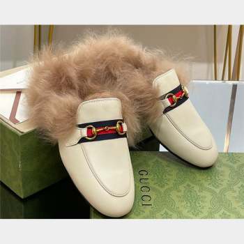 Gucci Wool Fur 2015 Re-Edition womens Princetown Slipper with Horsebit 397749 Leather Web White 2023 (modeng-23103043)