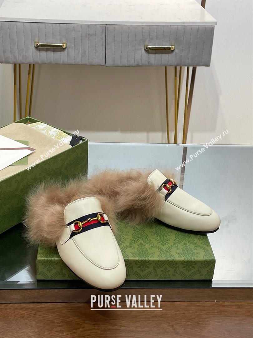 Gucci Wool Fur 2015 Re-Edition womens Princetown Slipper with Horsebit 397749 Leather Web White 2023 (modeng-23103043)