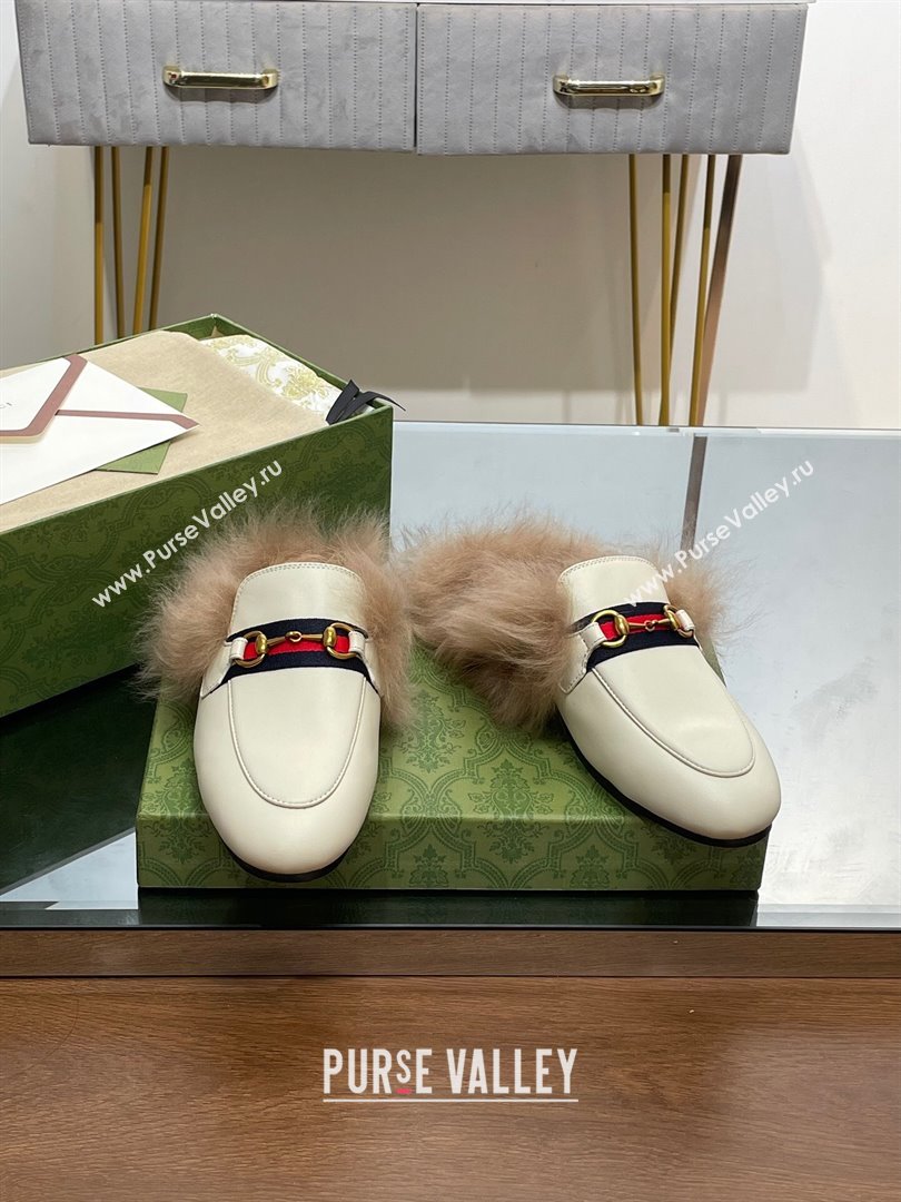 Gucci Wool Fur 2015 Re-Edition womens Princetown Slipper with Horsebit 397749 Leather Web White 2023 (modeng-23103043)