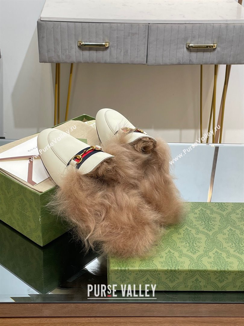 Gucci Wool Fur 2015 Re-Edition womens Princetown Slipper with Horsebit 397749 Leather Web White 2023 (modeng-23103043)