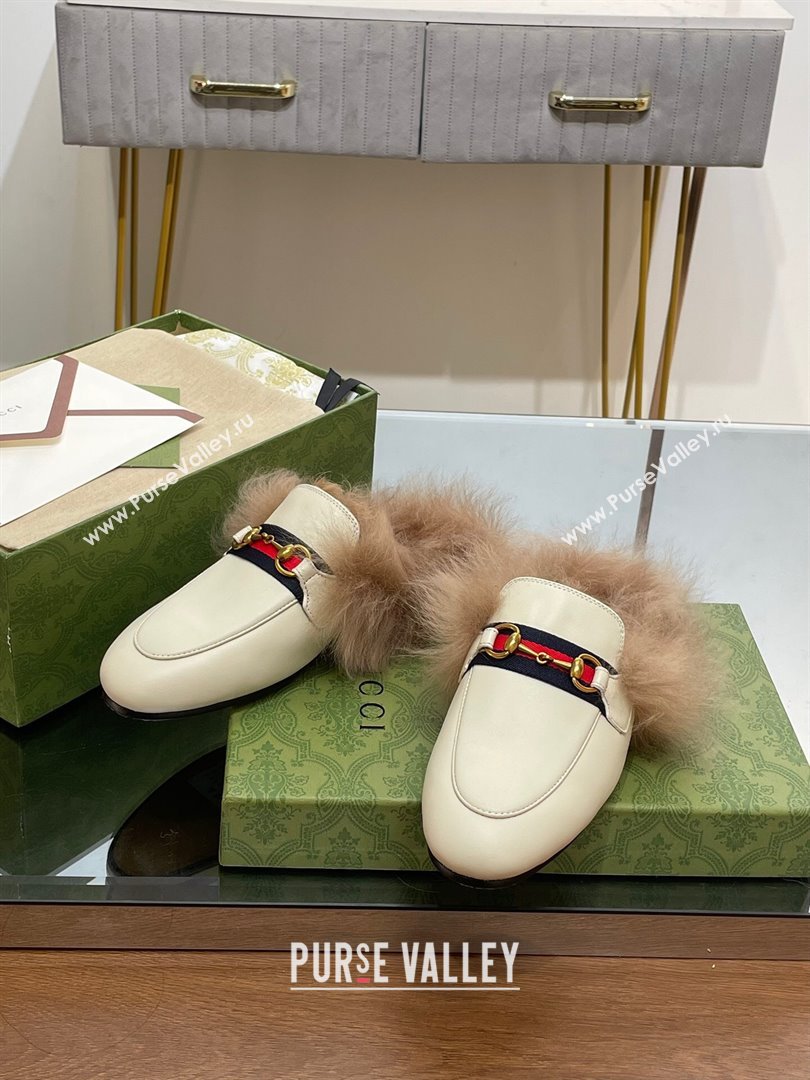 Gucci Wool Fur 2015 Re-Edition womens Princetown Slipper with Horsebit 397749 Leather Web White 2023 (modeng-23103043)