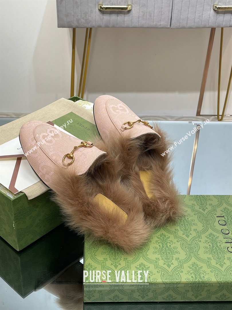 Gucci Wool Fur 2015 Re-Edition womens Princetown Slipper with Horsebit 397749 Jumbo GG Canvas Light Pink 2023 (modeng-23103055)