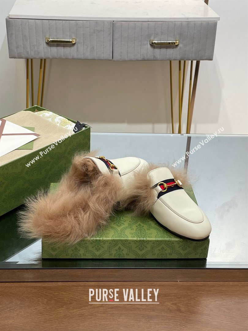 Gucci Wool Fur 2015 Re-Edition womens Princetown Slipper with Horsebit 397749 Leather Web White 2023 (modeng-23103043)