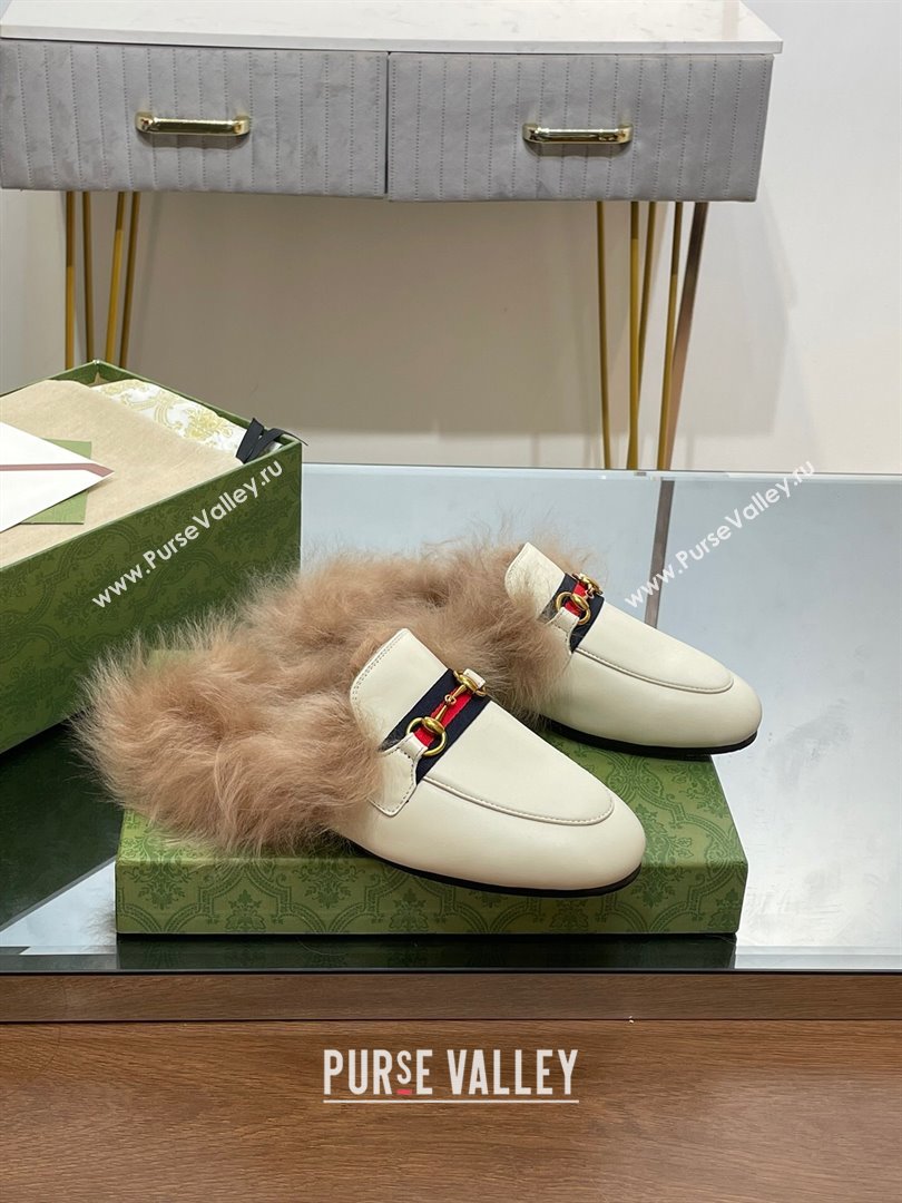 Gucci Wool Fur 2015 Re-Edition womens Princetown Slipper with Horsebit 397749 Leather Web White 2023 (modeng-23103043)