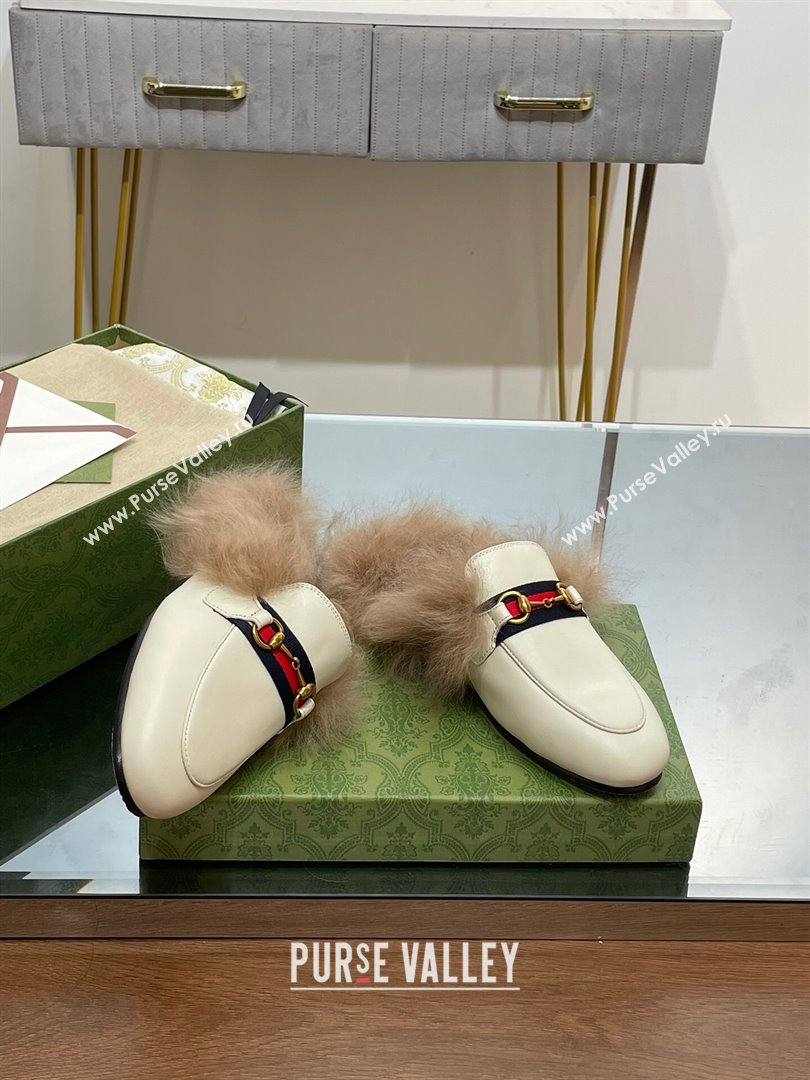 Gucci Wool Fur 2015 Re-Edition womens Princetown Slipper with Horsebit 397749 Leather Web White 2023 (modeng-23103043)