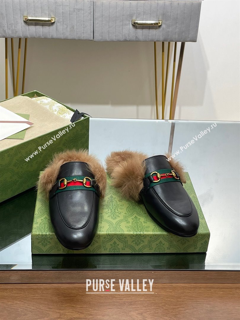 Gucci Wool Fur 2015 Re-Edition womens Princetown Slipper with Horsebit 397749 Leather Web Black 2023 (modeng-23103042)